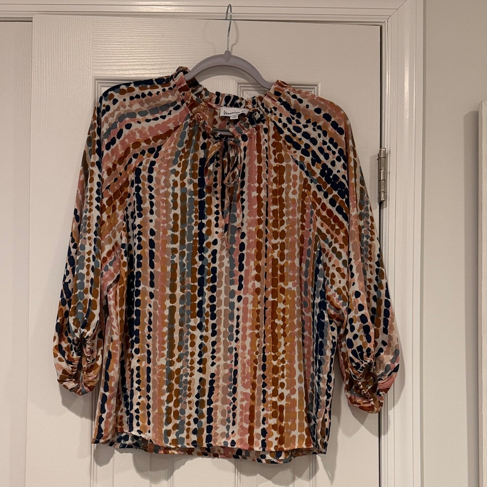 Madewell Multicolor Dot-Stripe Tie-Neck Blouse in Pink, Navy, Brown